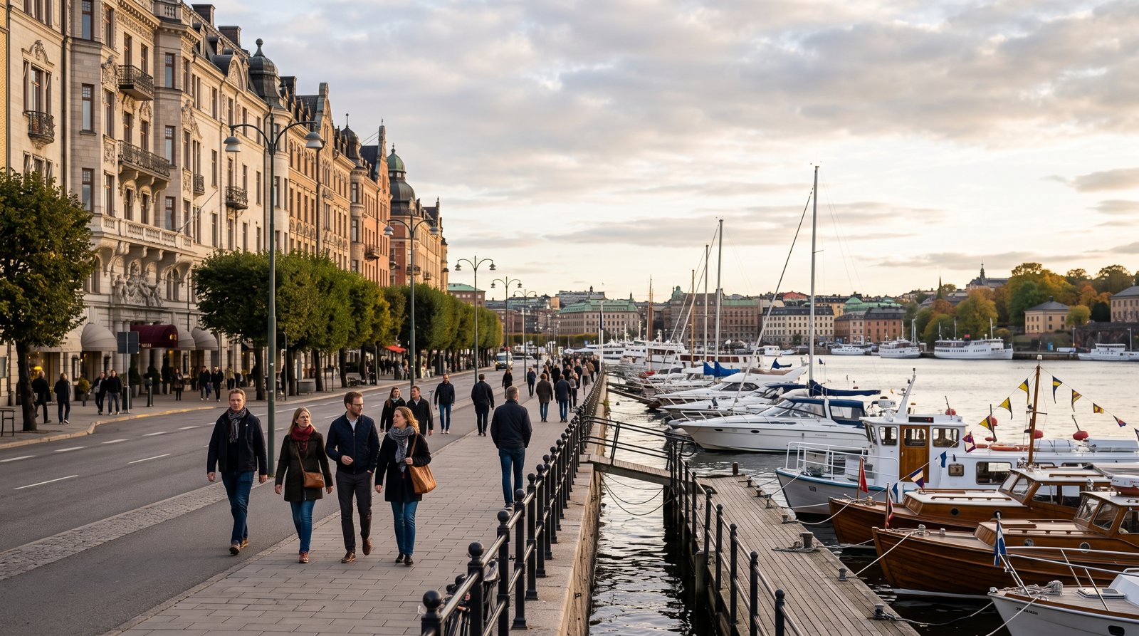 Strandvägens kajboulevard med 1800-talspalats på ena sidan och förtöjda båtar på den andra i eftermiddagsljus