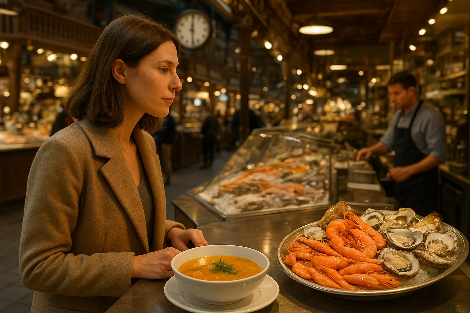 Lisa Elmqvist inne i Östermalms Saluhall, med fiskdisk, fisksoppa på tallrik och skaldjursfat under varmt marknadsljus