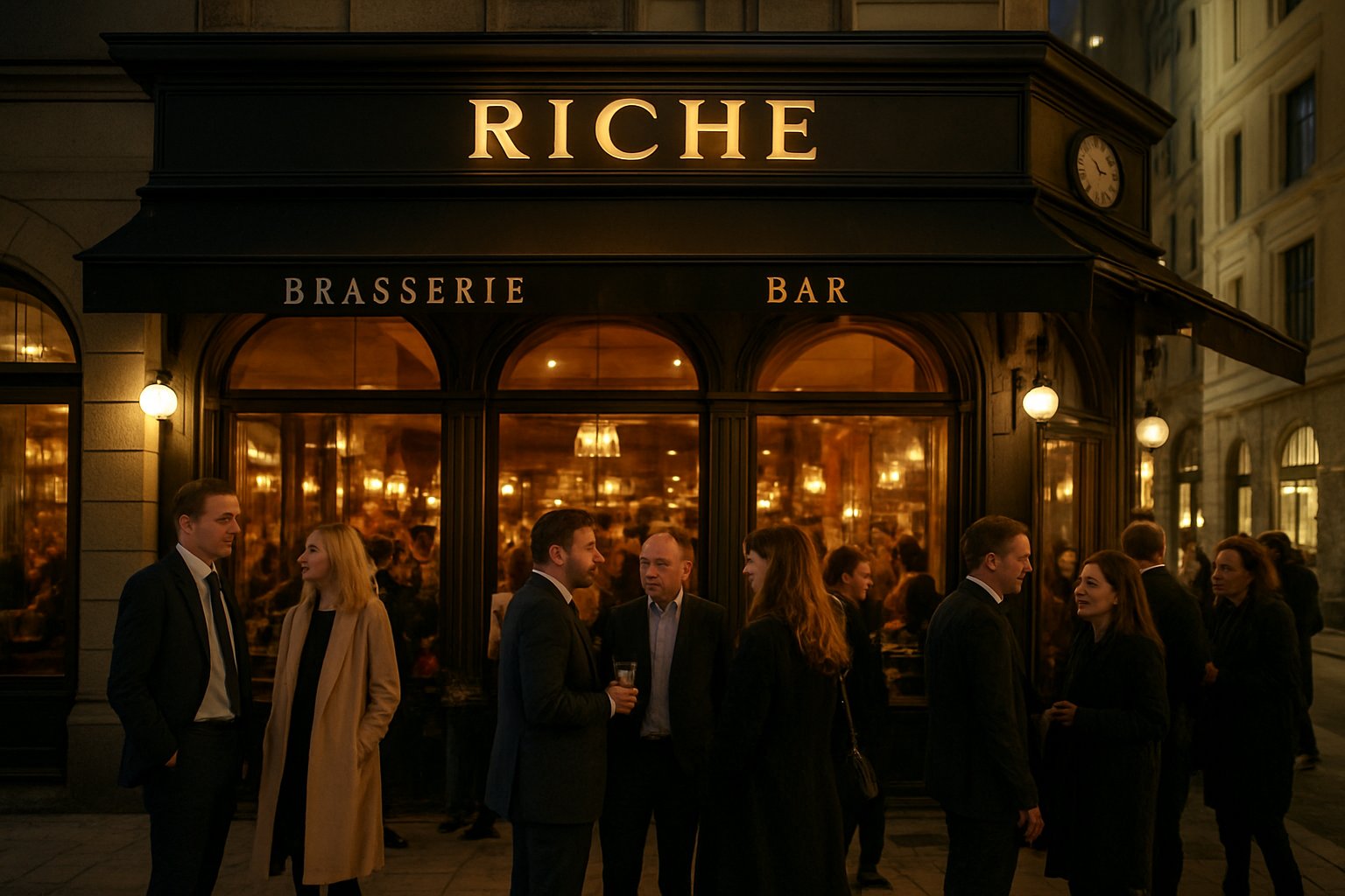 Riche på Birger Jarlsgatan på natten, med en trång brasseriebar, varma fönster och välklädda gäster samlade utanför