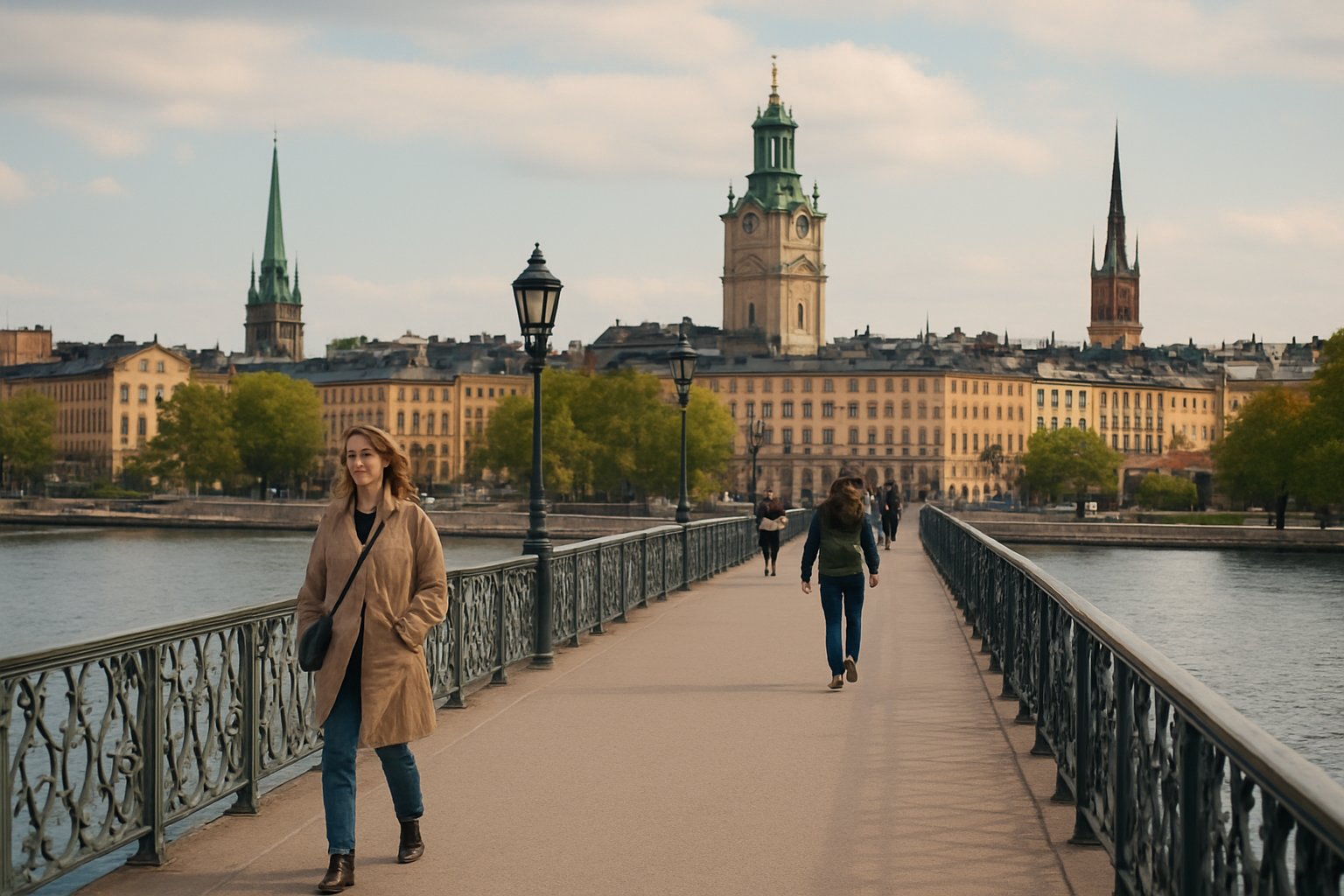 Skeppsholmsbron footbridge from Kungsträdgården leading onto Skeppsholmen in soft daylight, water on both sides and Stockholm’s central skyline behind