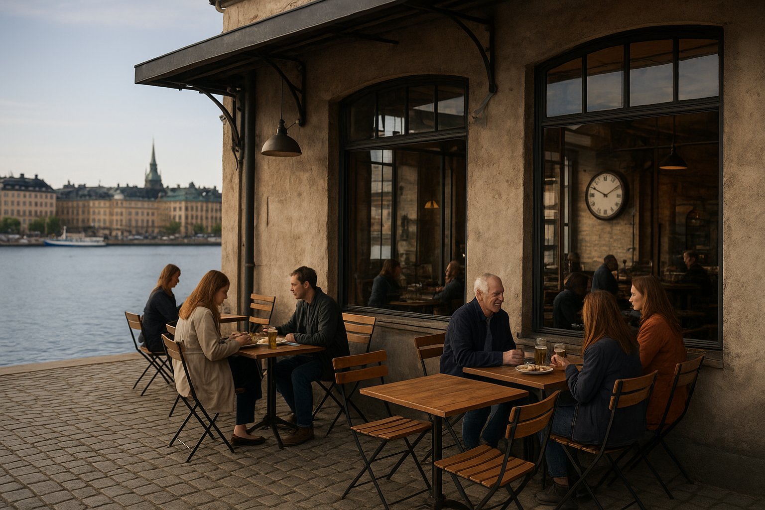 Torpedverkstan’s waterside terrace on Slupskjulsvägen, with Nybroviken in the background and the old workshop interior hinted behind glass