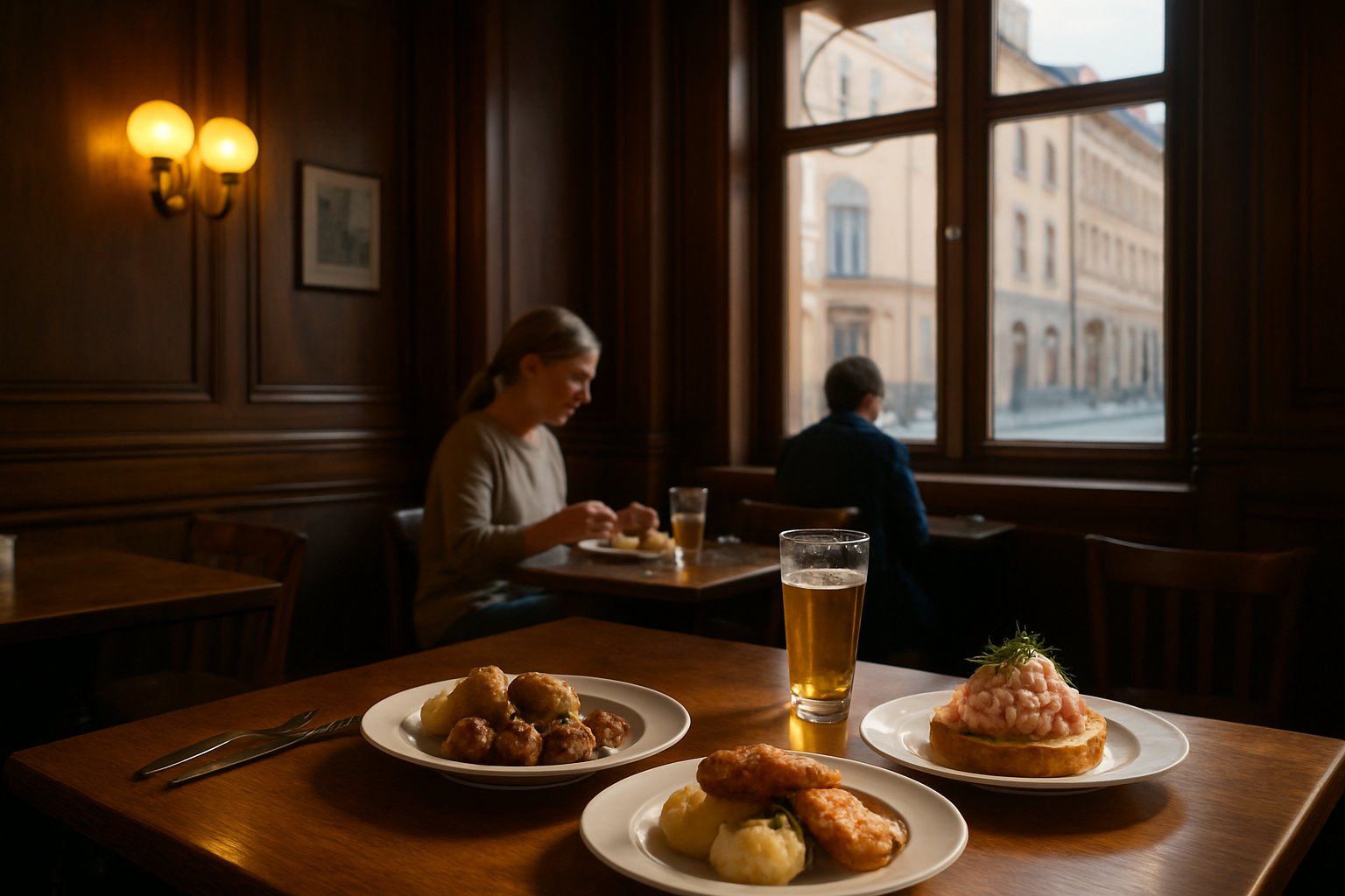 Tennstopet’s wood-panelled dining room on Dalagatan, warm evening light catching classic Swedish dishes on white plates